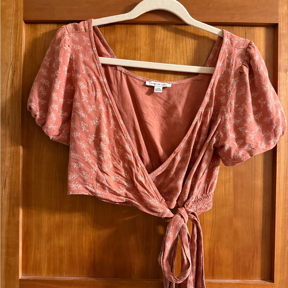 American Eagle Outfitters Rust Floral Wrap Blouse